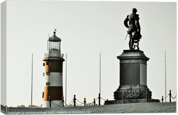 Sir Francis Drake & Smeaton's Tower, Plymouth. Canvas Print by Neil Mottershead