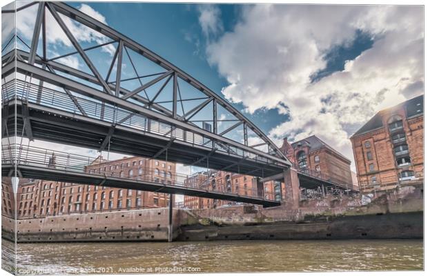 Canals and warehouses in Speicherstadt of Hamburg, Germany Canvas Print by Frank Bach