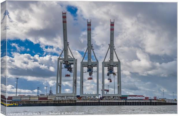 Container cranes in Hamburg harbor, Germany Canvas Print by Frank Bach