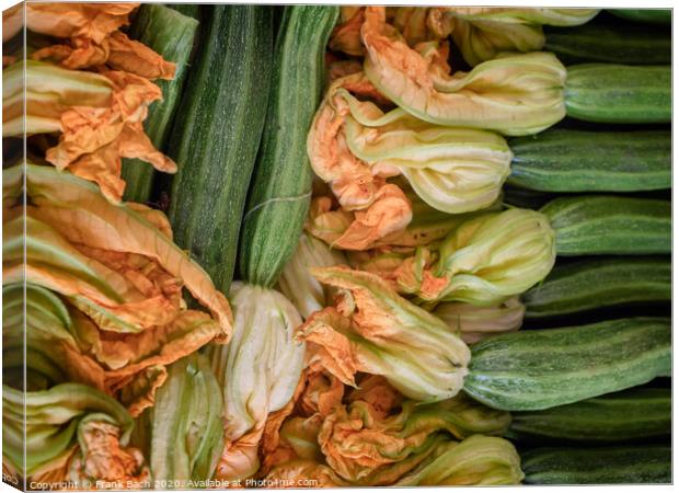 Zucchini with yellow flowers for sale on a farmers market, Rome Canvas Print by Frank Bach