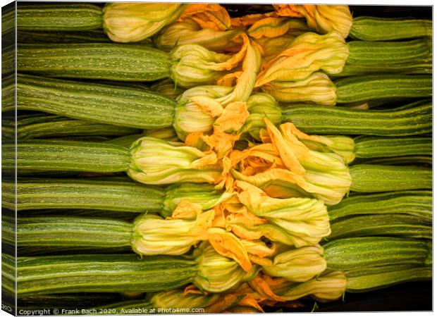 Zucchini with yellow flowers for sale on a farmers market, Rome Canvas Print by Frank Bach