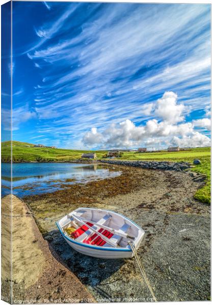 Small fishing  boat beside a Shetland Voe Canvas Print by Richard Ashbee
