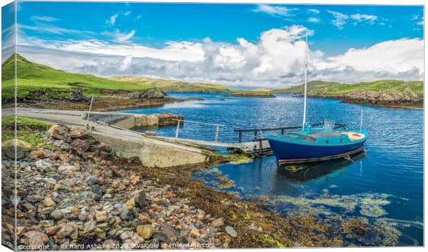 Blue boat at Vementry Shetland Canvas Print by Richard Ashbee