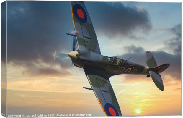 WW2 Supermarine Spitfire at sunset Canvas Print by Richard Ashbee