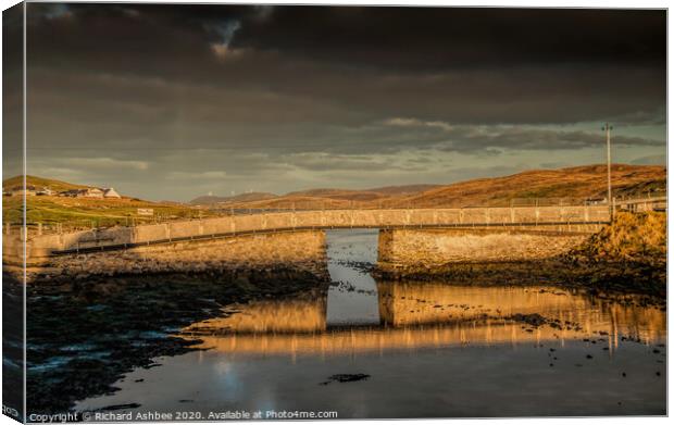 Burra Bridge in Shetland reflections Canvas Print by Richard Ashbee