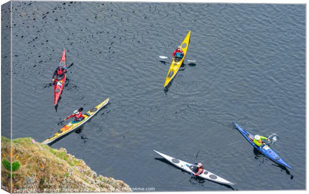 Colurful Kayaks below Westwick cliffs in Shetland Canvas Print by Richard Ashbee