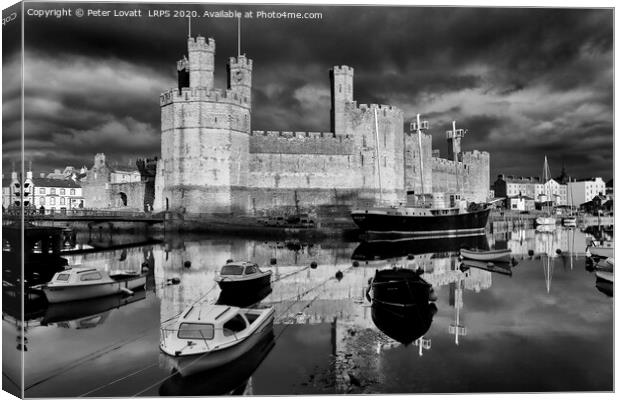 Caernarfon Castle and Harbour in Monochrome Canvas Print by Peter Lovatt  LRPS