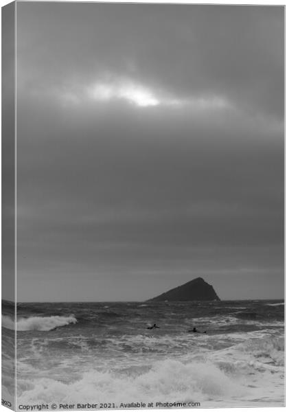 Surfers in Wembury Bay with Great Mew Stone Canvas Print by Peter Barber