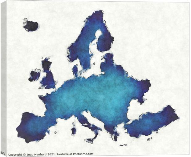 Europe map with drawn lines and blue watercolor illustration Canvas Print by Ingo Menhard