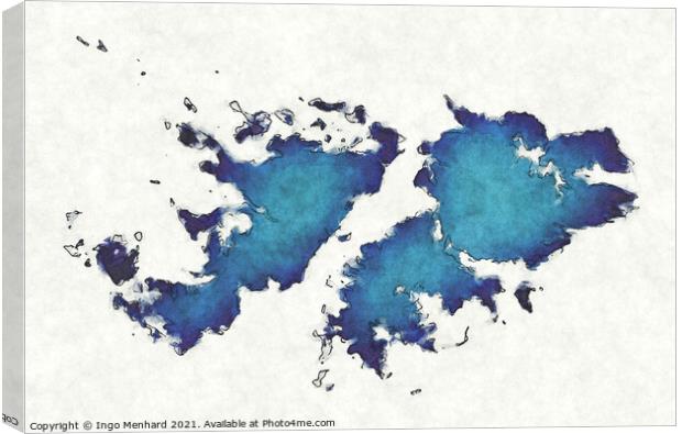 Falkland Islands map with drawn lines and blue watercolor illust Canvas Print by Ingo Menhard