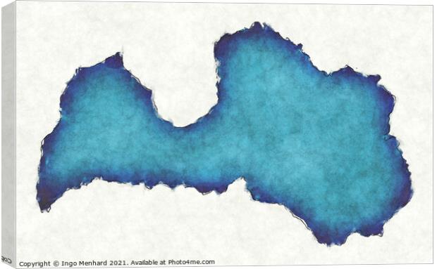 Latvia map with drawn lines and blue watercolor illustration Canvas Print by Ingo Menhard