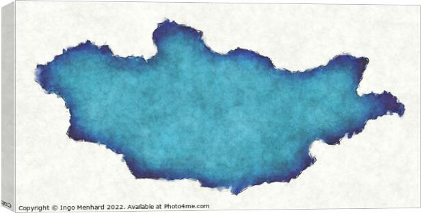 Mongolia map with drawn lines and blue watercolor illustration Canvas Print by Ingo Menhard