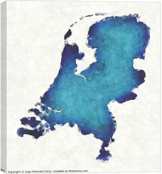 Netherlands map with drawn lines and blue watercolor illustratio Canvas Print by Ingo Menhard