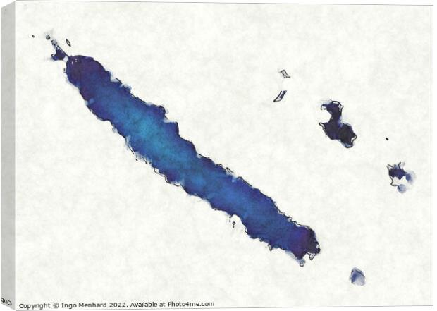 New Caledonia map with drawn lines and blue watercolor illustrat Canvas Print by Ingo Menhard