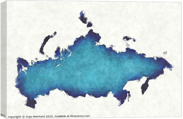 Russia map with drawn lines and blue watercolor illustration Canvas Print by Ingo Menhard