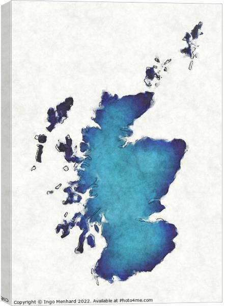 Scotland map with drawn lines and blue watercolor illustration Canvas Print by Ingo Menhard