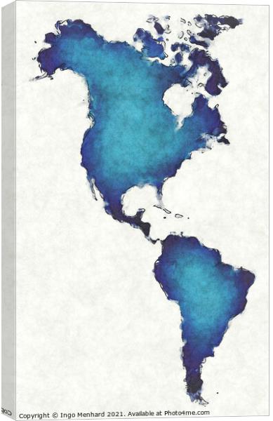 America map with drawn lines and blue watercolor illustration Canvas Print by Ingo Menhard