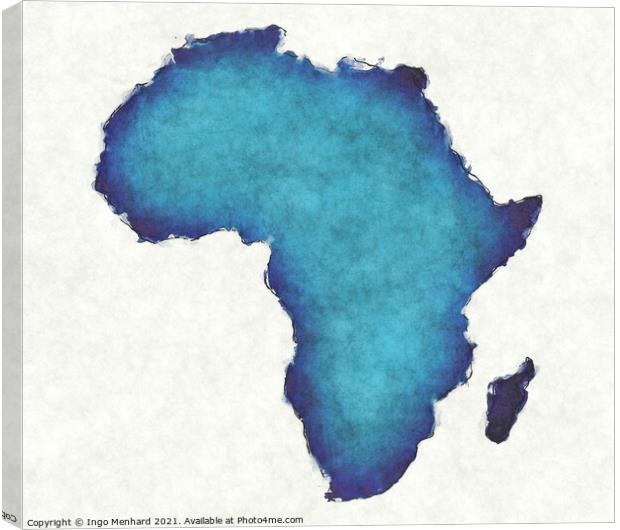 Africa map with drawn lines and blue watercolor illustration Canvas Print by Ingo Menhard