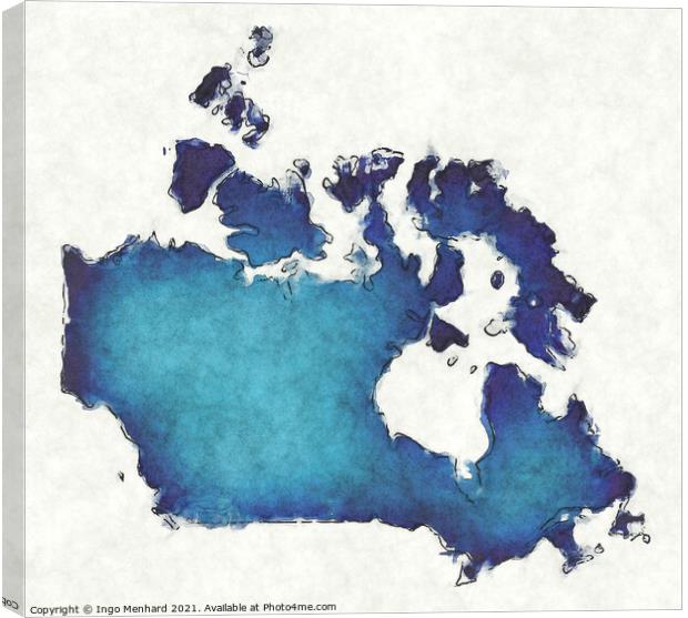 Canada map with drawn lines and blue watercolor illustration Canvas Print by Ingo Menhard