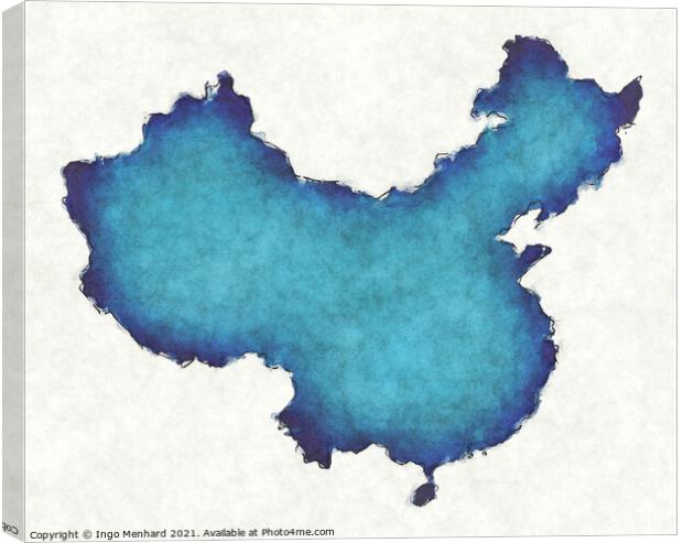 China map with drawn lines and blue watercolor illustration Canvas Print by Ingo Menhard