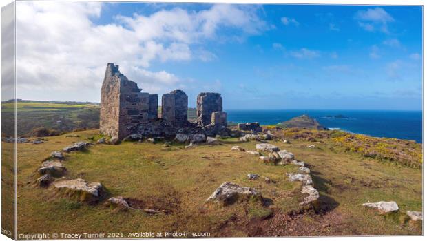 Kenidjack Cliff Castle Panorama with Cape Cornwall Canvas Print by Tracey Turner