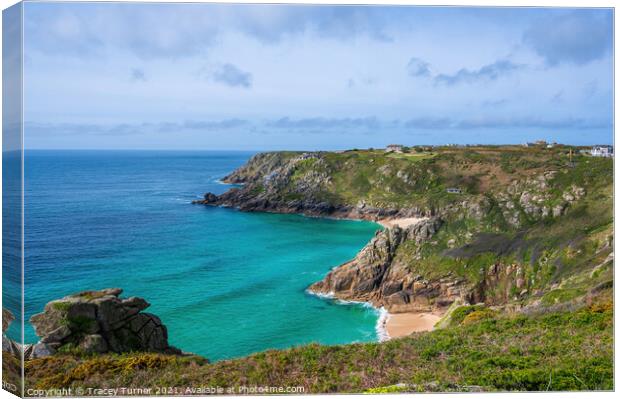 Porthcurno view to Minack Theatre in Cornwall Canvas Print by Tracey Turner