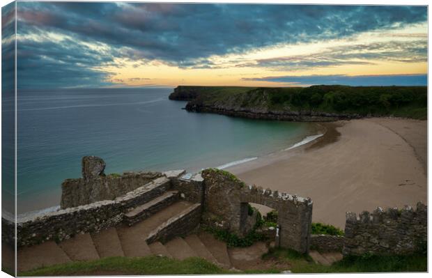 Dawn Breaks at Barafundle Bay in Pembrokeshire Canvas Print by Tracey Turner