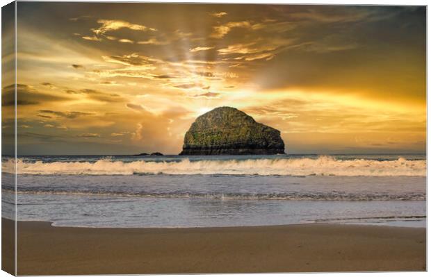 Gull Rock at Trebarwith Strand in Cornwall Canvas Print by Tracey Turner