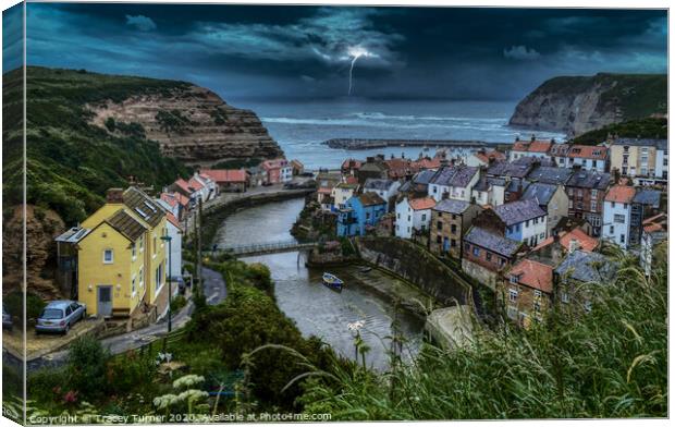 Dramatic Stormy Night in Staithes Canvas Print by Tracey Turner