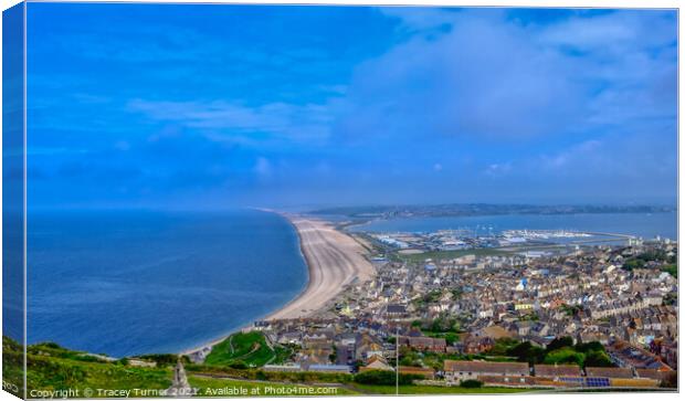 Chesil Beach from Portland Heights, Dorset Coast Canvas Print by Tracey Turner