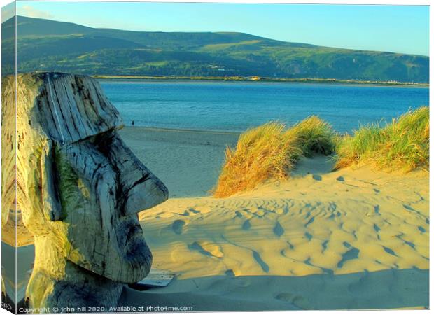 Wooden sculpture on the beach at Barmouth in Wales. Canvas Print by john hill