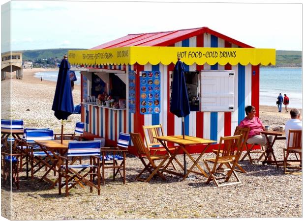 Food Kiosk on the beach at Weymouth in Dorset. Canvas Print by john hill