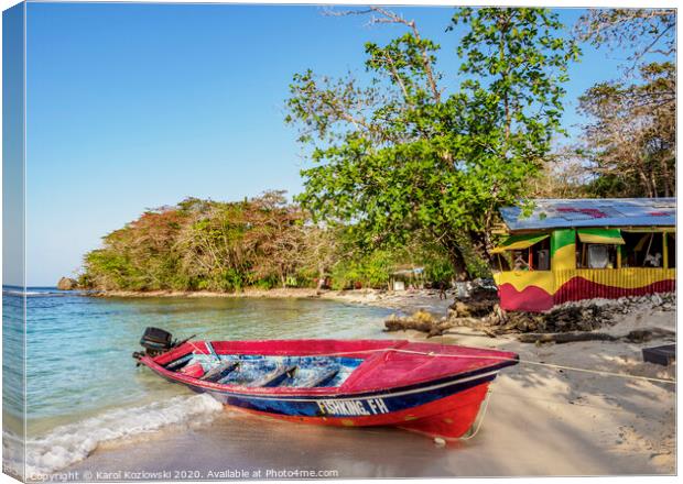 Fishing Boat at Winnifred Beach, Jamaica Canvas Print by Karol Kozlowski