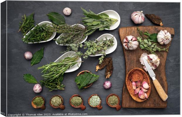 Still life Fireworks of herbs and garlic on a chopping board Canvas Print by Thomas Klee