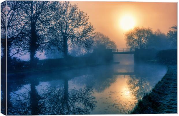 Misty Dawn on the Grand Union Canal Canvas Print by Helkoryo Photography