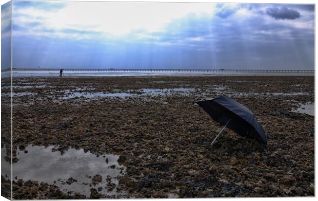 Lonely Umbrella on Deserted Beach Canvas Print by Peter Bolton