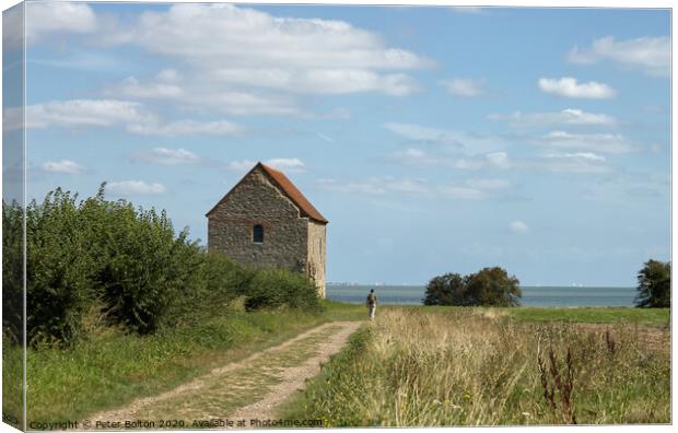 654AD, Chapel of St. Peter-on-the Wall, Bradwell, Essex, Uk. Canvas Print by Peter Bolton