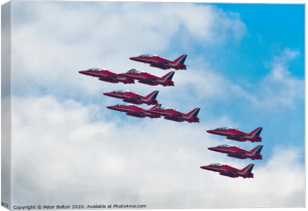 The Red Arrows in formation at a display at Southend on Sea, Essex, UK. Canvas Print by Peter Bolton
