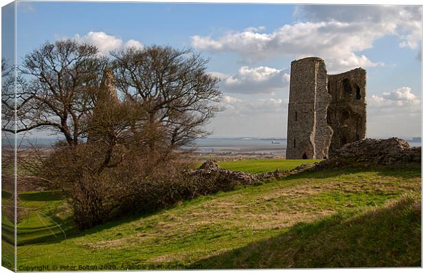 Hadleigh Castle ruins looking towards the River Thames, Essex, UK. Canvas Print by Peter Bolton