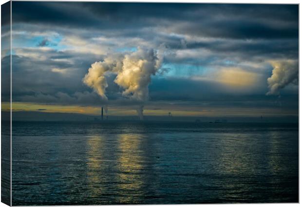 Seascape over the Thames Estuary from the coast of Essex looking towards the Isle of Grain in Kent. Canvas Print by Peter Bolton