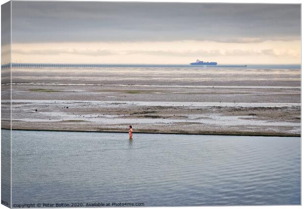A lone bather in a formal seawater pool at East Beach, Shoeburyness, Essex, on the River Thames. Canvas Print by Peter Bolton