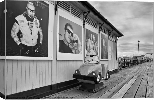 A shelter and children's coin operated ride on Southend pier, Essex, UK. Canvas Print by Peter Bolton