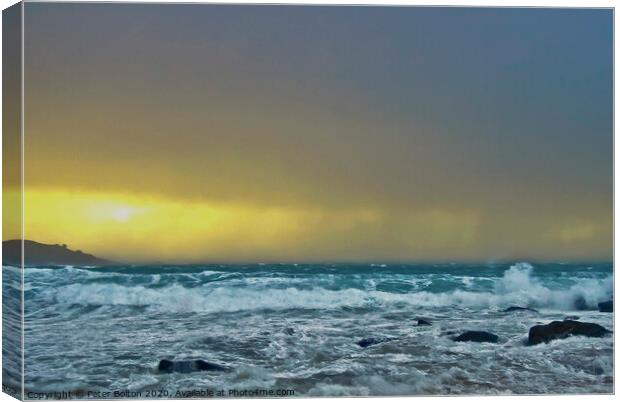 A Sudden squall hits Porthmeor Beach, St. Ives, Co Canvas Print by Peter Bolton