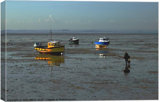 Waiting for the tide at Thorpe Bay, Essex, UK Canvas Print by Peter Bolton