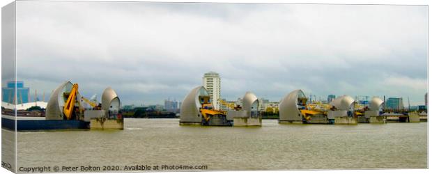 The Thames Flood Barrier, River Thames, London, UK. Canvas Print by Peter Bolton