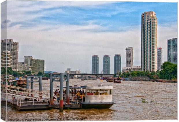Ferry terminal with cityscape on the Chao Phraya River, Bangkok, Thailand. Canvas Print by Peter Bolton