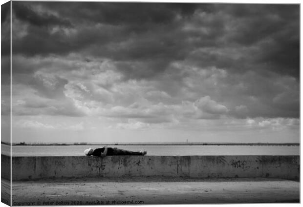 Taking a nap on the wall. Southend on Sea, Essex,  Canvas Print by Peter Bolton