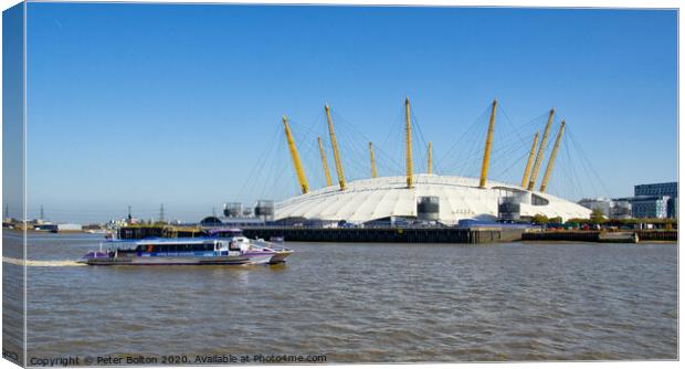 The O2 Arena from the River Thames at Greenwich, London. Canvas Print by Peter Bolton