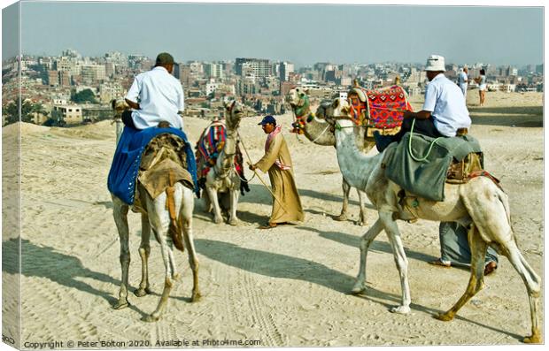 Camel drivers at the Giza plateau, Egypt. Canvas Print by Peter Bolton