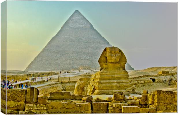 The Sphinx at the pyramid site at Giza, Egypt. Canvas Print by Peter Bolton